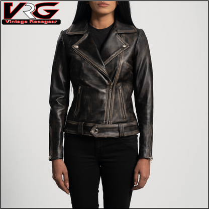 Woman Distressed Brown Leather Biker Fashion Jacket