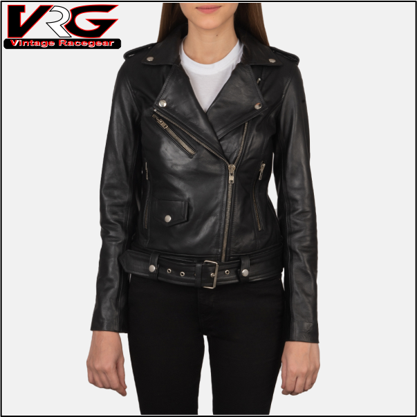 Woman Black Leather Biker Jacket