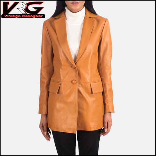 Woman Tan Brown Leather Blazer