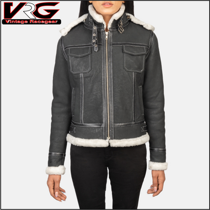 Woman Black Hooded Shearling Leather Jacket