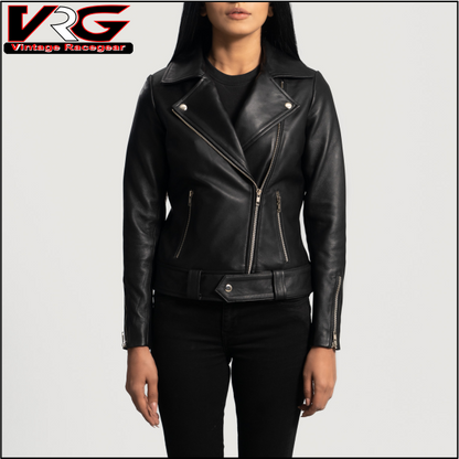 Woman Black Leather Biker Fashion Jacket