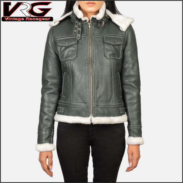 Woman Green Hooded Shearling Leather Jacket