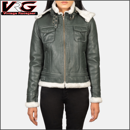 Woman Green Hooded Shearling Leather Jacket