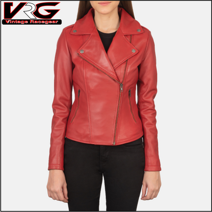 Woman Flashback Red Leather Biker Jacket