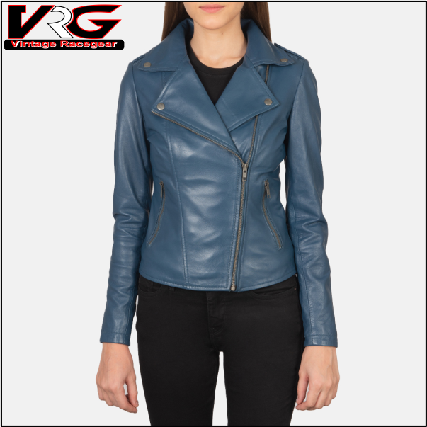 Woman Flashback Blue Leather Biker Fashion Jacket