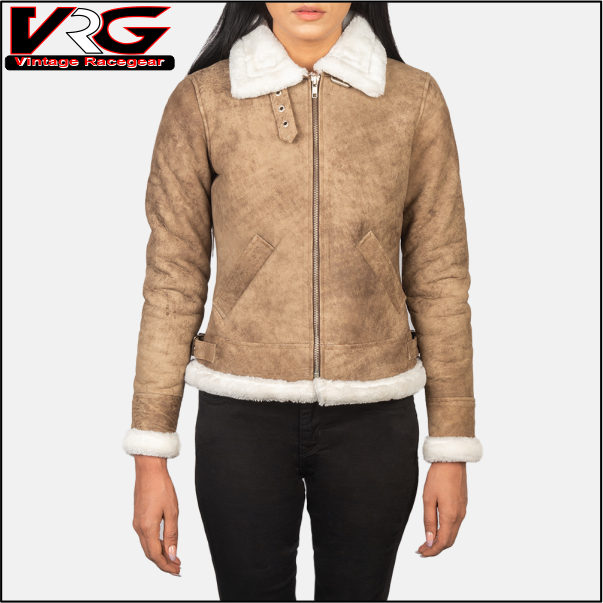 Woman B-3 Distressed Brown Leather Bomber Jacket