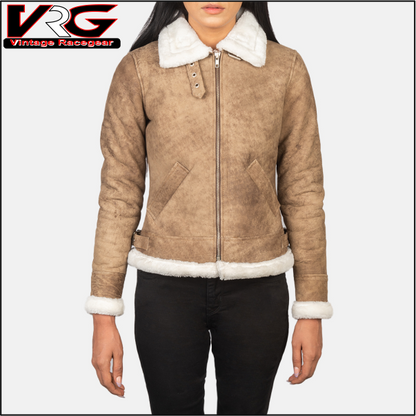 Woman B-3 Distressed Brown Leather Bomber Jacket