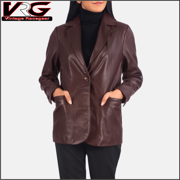 Women's Maroon Leather Blazer