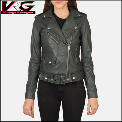 Woman Green Leather Biker Jacket