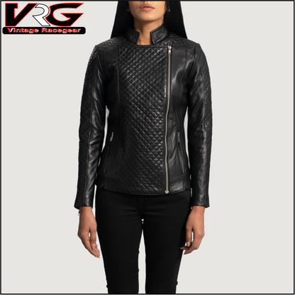 Woman Orient Grain Quilted Black Leather Biker Jacket