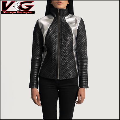 Woman Metallic Black Leather Biker Jacket