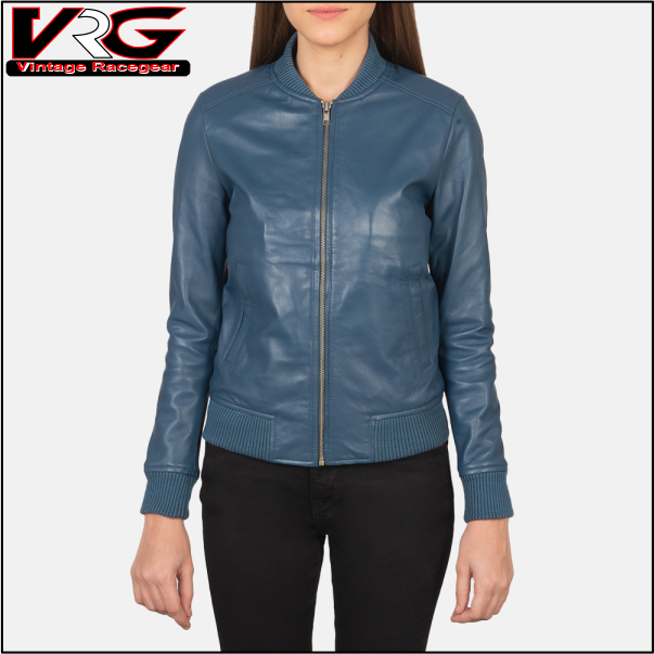 Woman Blue Leather Bomber Jacket