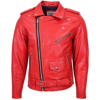 Mens Heavy Duty Leather Biker Brando Jacket Kyle Red