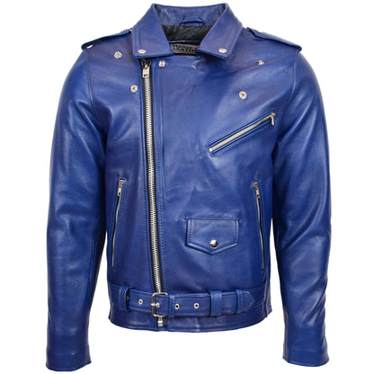 Mens Heavy Duty Leather Biker Brando Jacket Kyle Blue