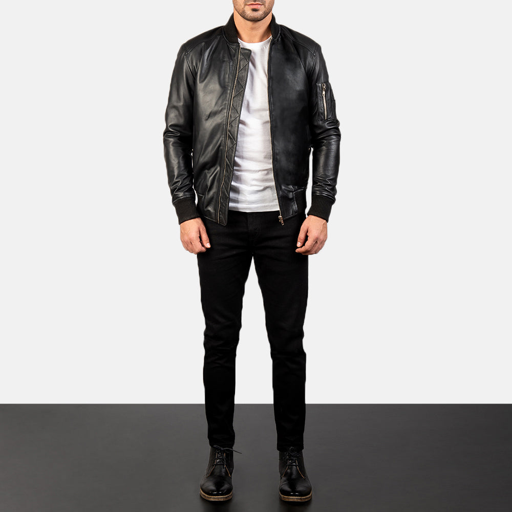 Men's Bomia Ma-1 Black Leather Bomber Jacket