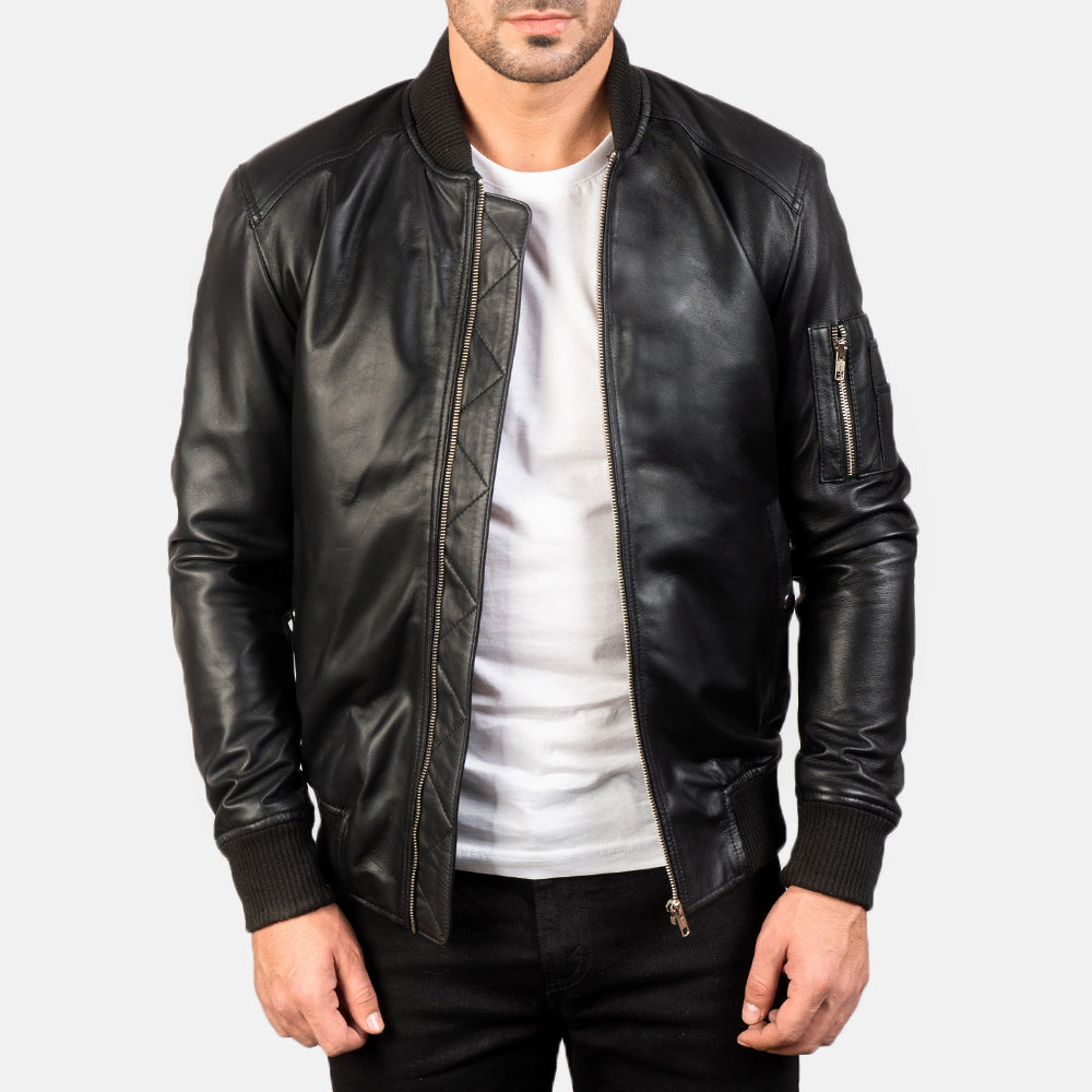 Men's Bomia Ma-1 Black Leather Bomber Jacket