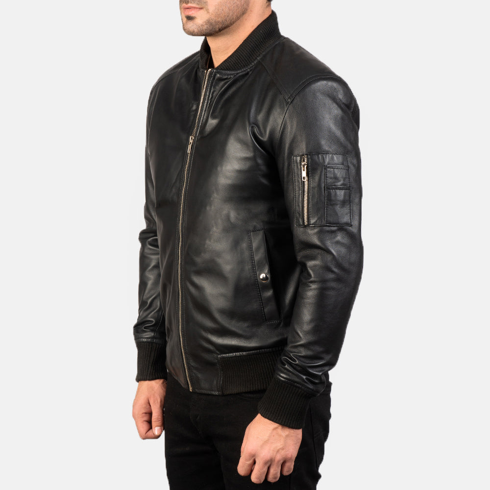 Men's Bomia Ma-1 Black Leather Bomber Jacket