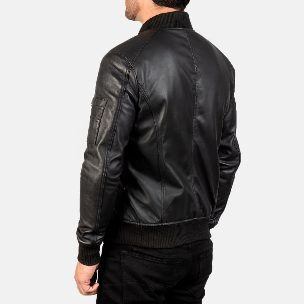 Men's Bomia Ma-1 Black Leather Bomber Jacket