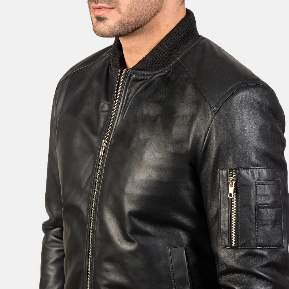 Men's Bomia Ma-1 Black Leather Bomber Jacket