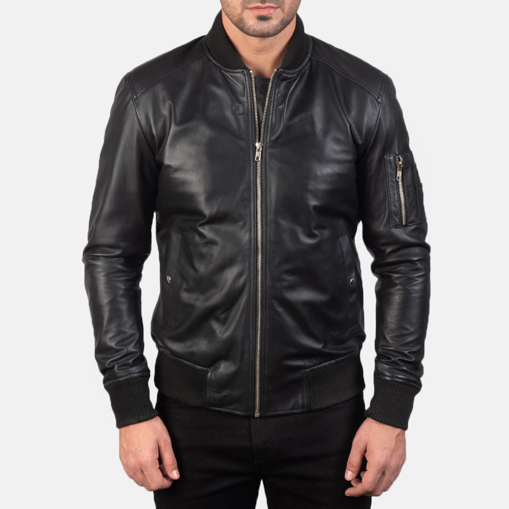 Men's Bomia Ma-1 Black Leather Bomber Jacket