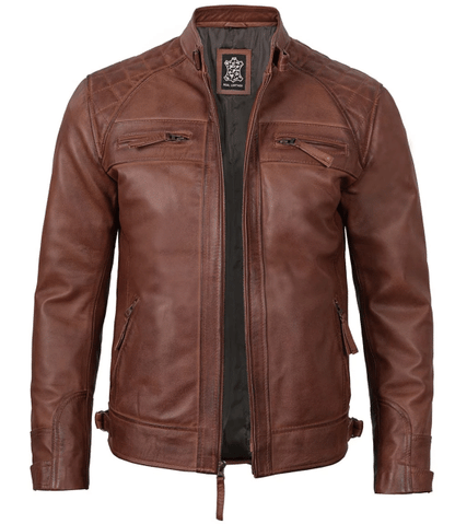 Mens Cognac Brown Cafe Racer Quilted Leather Jacket