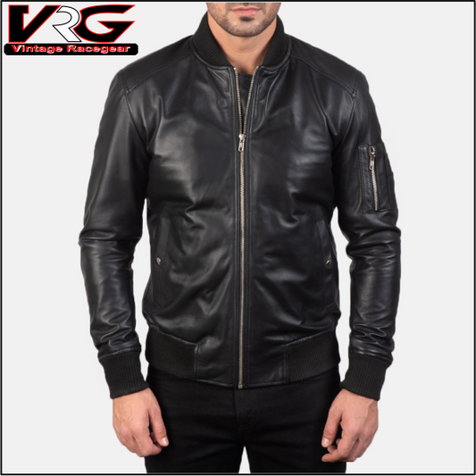 Men's Bomia Ma-1 Black Leather Bomber Jacket