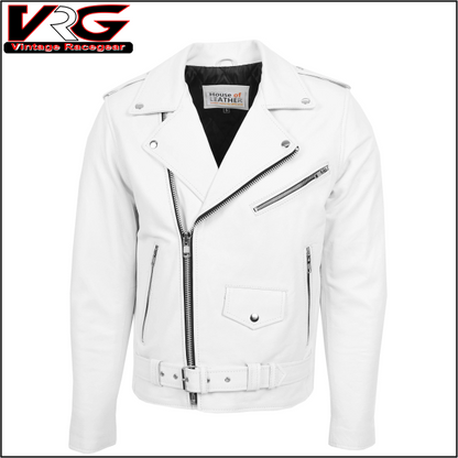 Mens Heavy Duty Leather Biker Brando Jacket Kyle White