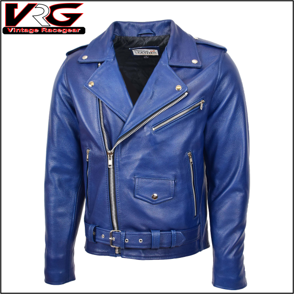 Mens Heavy Duty Leather Biker Brando Jacket Kyle Blue