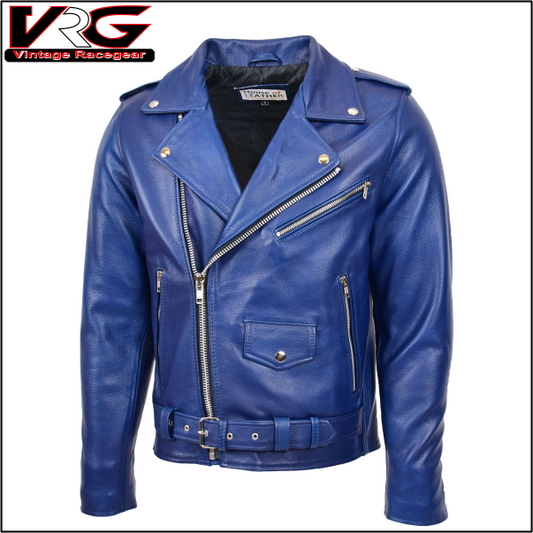 Mens Heavy Duty Leather Biker Brando Jacket Kyle Blue