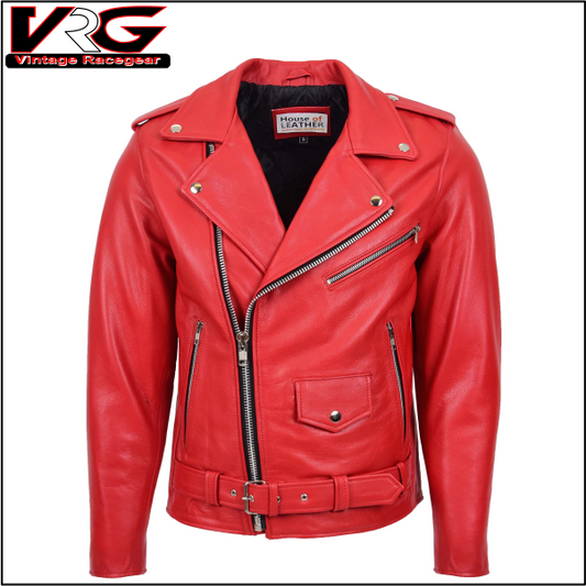 Mens Heavy Duty Leather Biker Brando Jacket Kyle Red