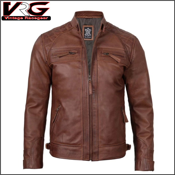 Mens Cognac Brown Cafe Racer Quilted Leather Jacket