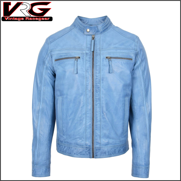 Mens Leather Cafe Racer Biker Jacket Charlie Sky Blue