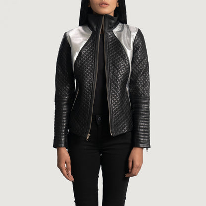 Woman Metallic Black Leather Biker Jacket