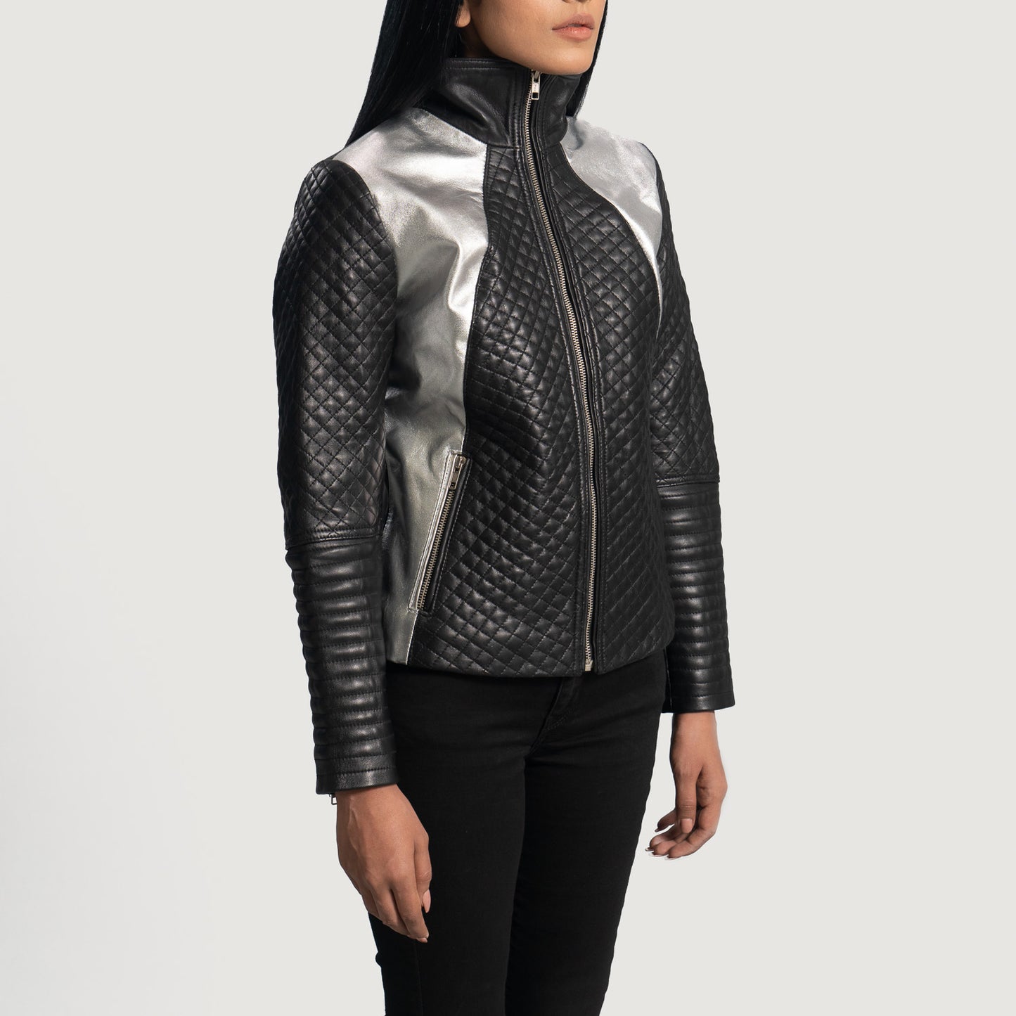 Woman Metallic Black Leather Biker Jacket