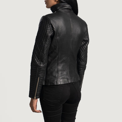 Woman Metallic Black Leather Biker Jacket