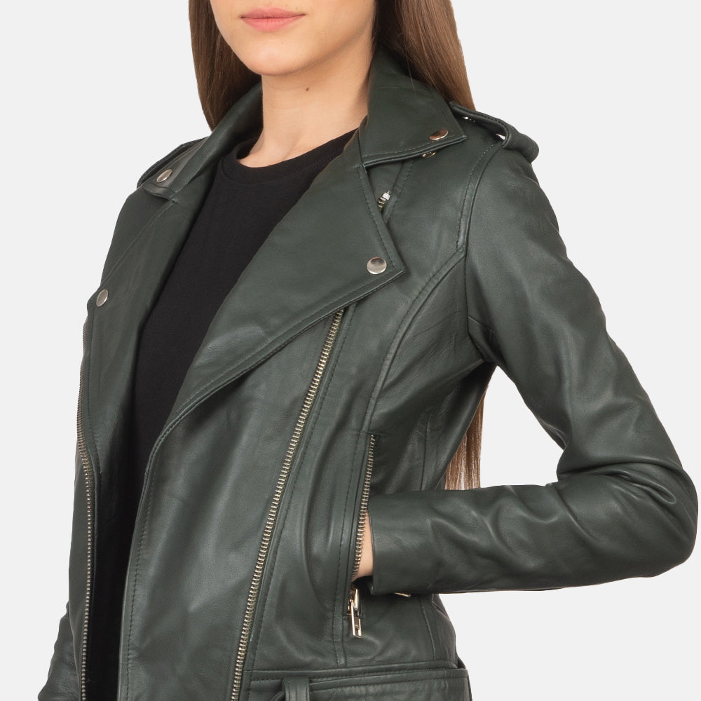 Woman Green Leather Biker Jacket