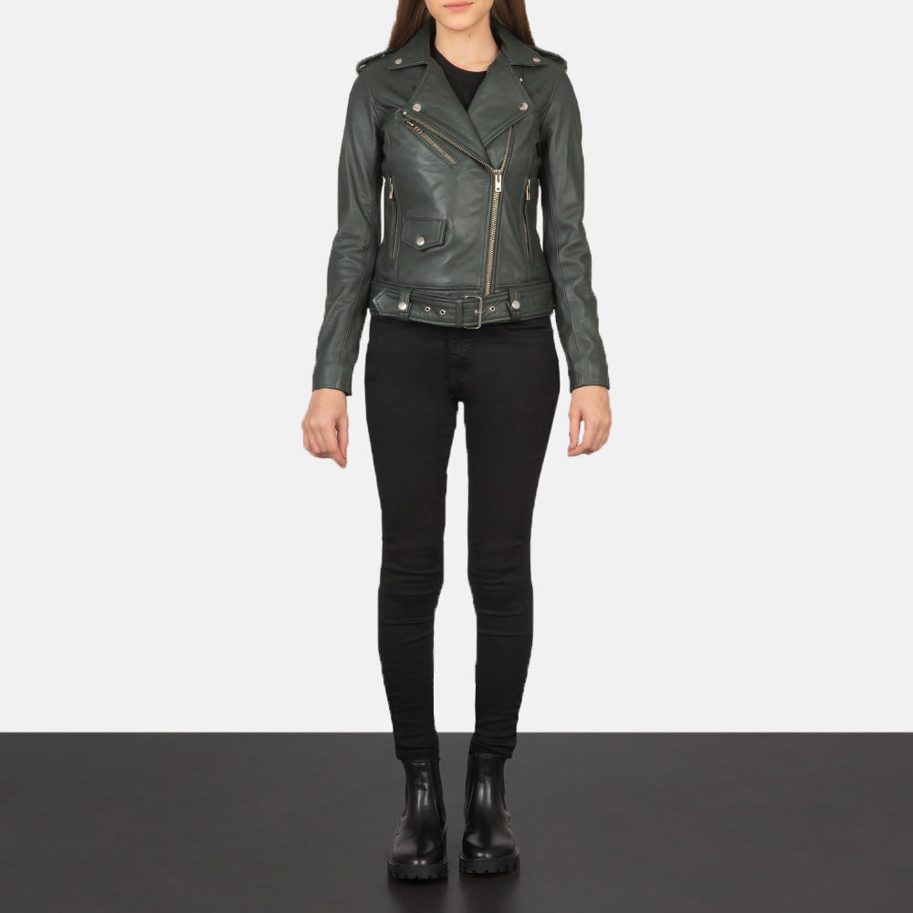 Woman Green Leather Biker Jacket