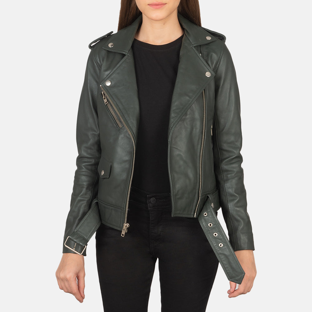 Woman Green Leather Biker Jacket