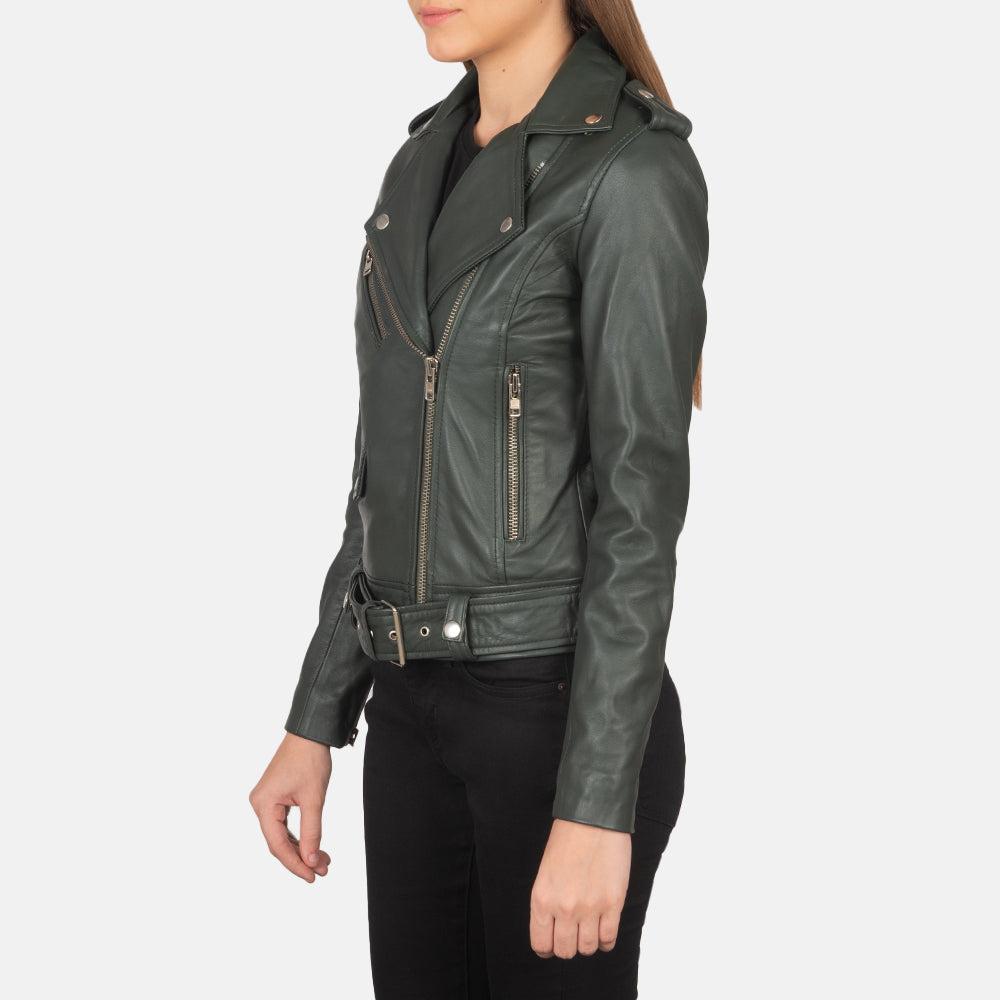 Woman Green Leather Biker Jacket