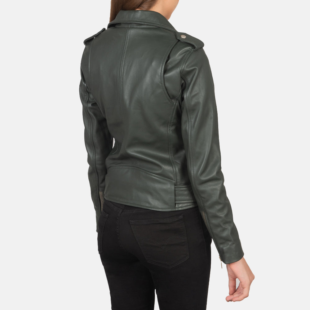 Woman Green Leather Biker Jacket