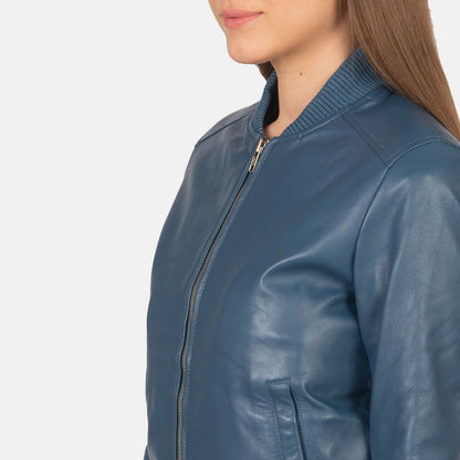 Woman Blue Leather Bomber Jacket