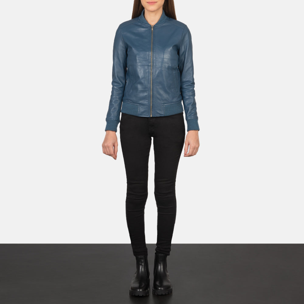 Woman Blue Leather Bomber Jacket