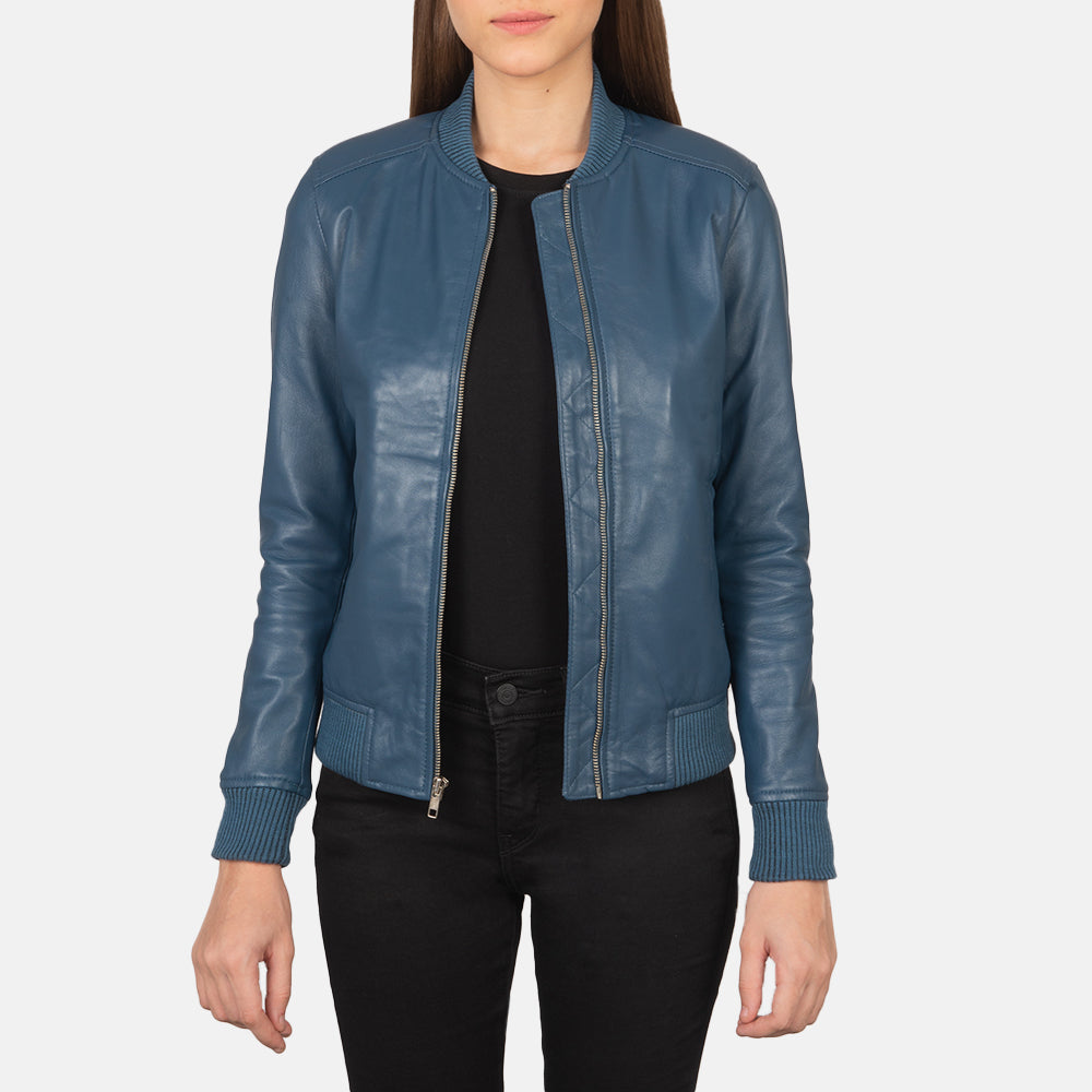 Woman Blue Leather Bomber Jacket