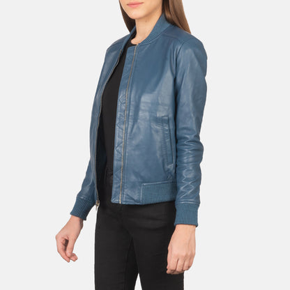 Woman Blue Leather Bomber Jacket