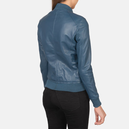 Woman Blue Leather Bomber Jacket