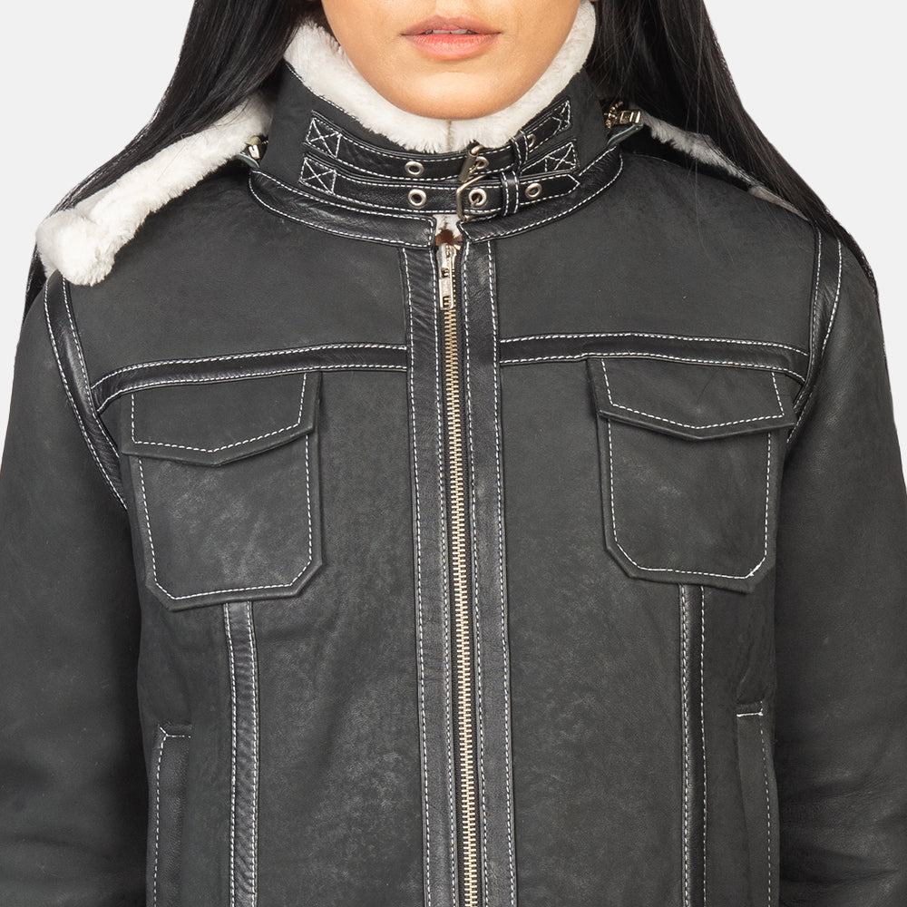 Woman Black Hooded Shearling Leather Jacket