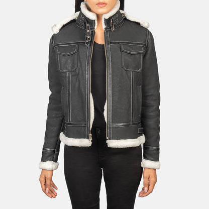 Woman Black Hooded Shearling Leather Jacket