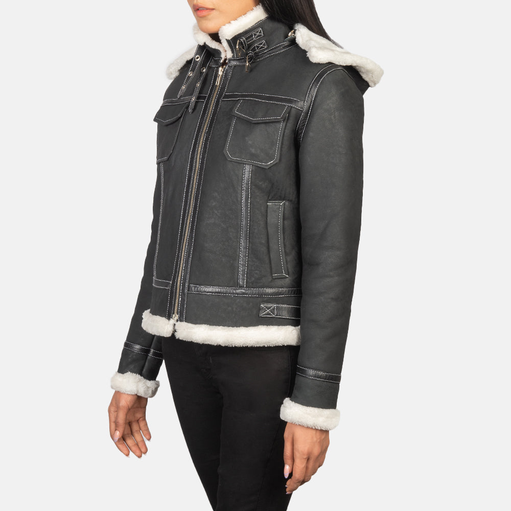 Woman Black Hooded Shearling Leather Jacket