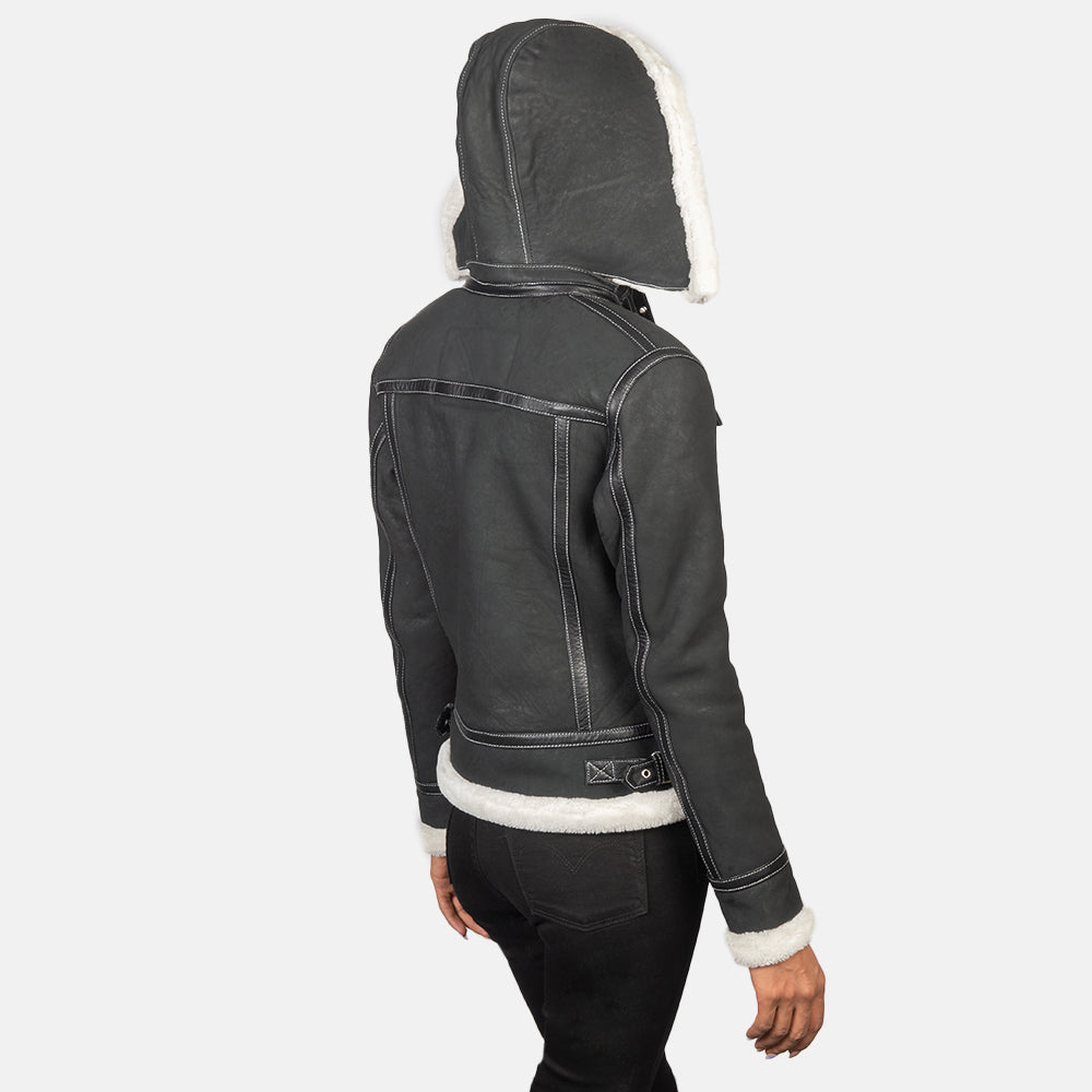 Woman Black Hooded Shearling Leather Jacket