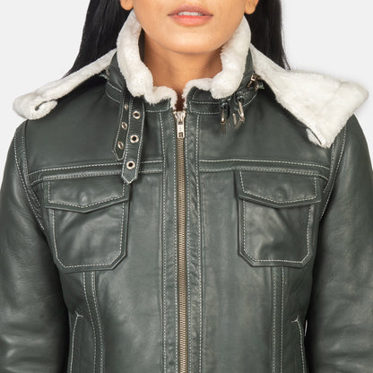 Woman Green Hooded Shearling Leather Jacket